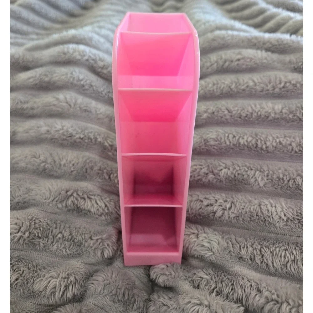 Pink Plastic Desktop Organizer 4 Tier Slanted Pen Pencil Makeup Brush Holder